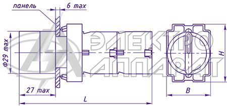 Рисунок 1в - Габаритные размеры выключателя КУ "М" (с рукояткой)
